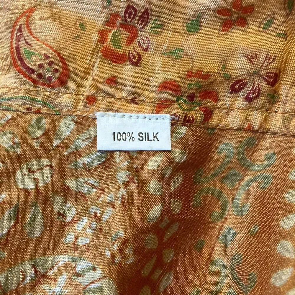 100% Silk Wrap Skirt One Size Orange Floral Flowy Midi-Maxi Boho Hippie Festival